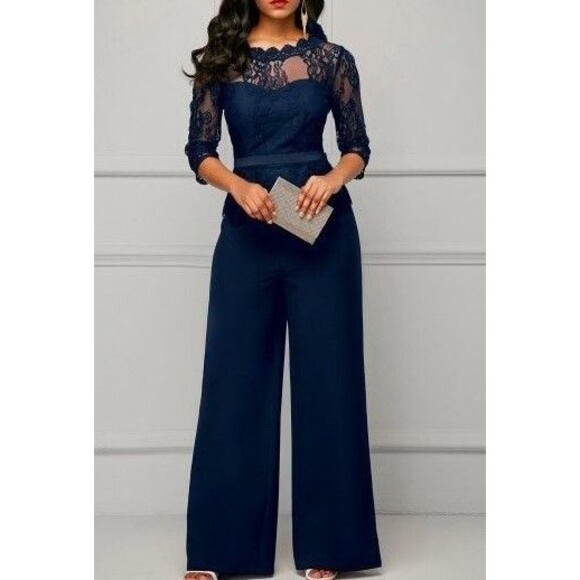 Rosewe Maxi Lace wide legged Navy Jumpsuit Size Sm No MFG Tag Wedding Special Oc - Picture 1 of 13